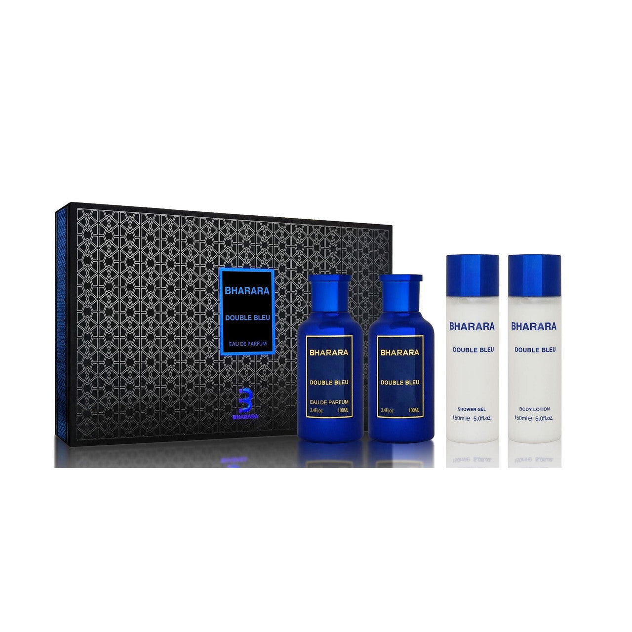 Bharara double bleu 4 pcs set for men: 3.4 eau de parfum + 5 oz body lotion + 3.4 after shave + 5 oz shower gel