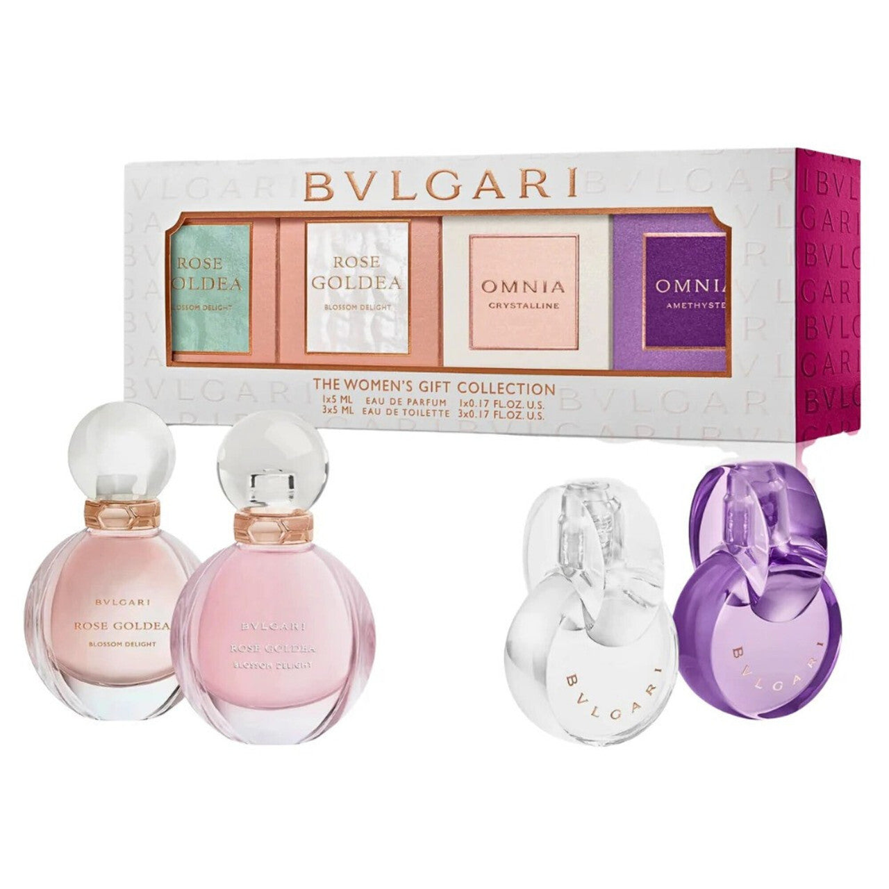 Bvlgari 4 pcs mini set for women: rose goldea blossom delight 5 ml eau de toilette + rose goldea blossom delight 5 ml eau de parfum + omnia crystalline 5 ml eau de toilette + omnia amethyste 5 ml eau de toilette