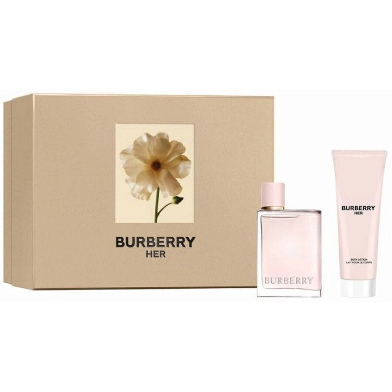 Burberry her 2 pcs set: 1.6 eau de parfum spray + 2.5 body lotion..