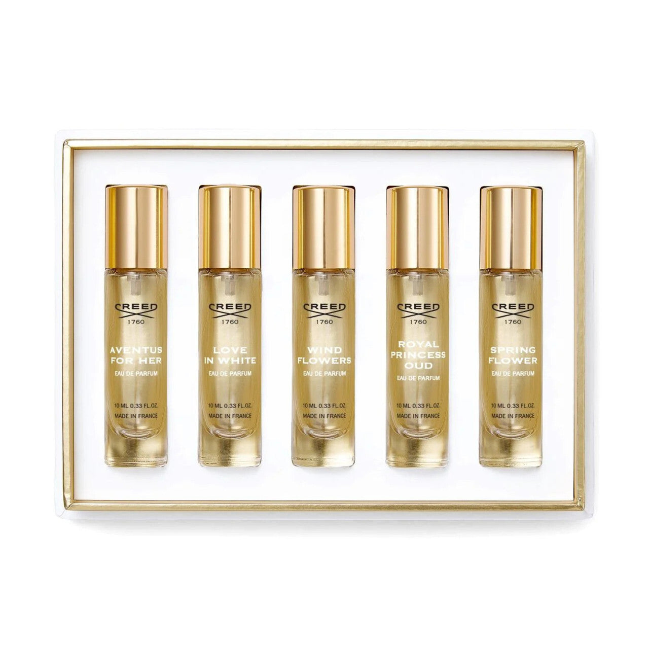 Creed 5 * 0.33 eau de parfum spray set for women: aventus for her + love in white + wind flowers + royal princess oud  + spring flower