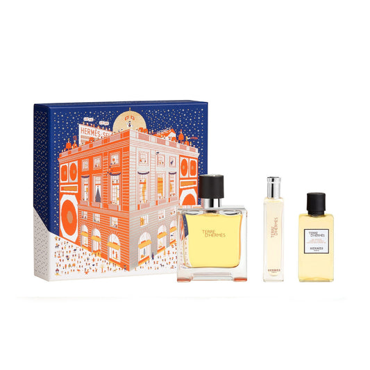 HERMES TERRE D'HERMES PURE PERFUME 3 PCS SET FOR MEN: 2.5 PARFUM SPRAY + 0.5 OZ PARFUM SPRAY + 1.35 HAIR AND BODY SHOWER GEL