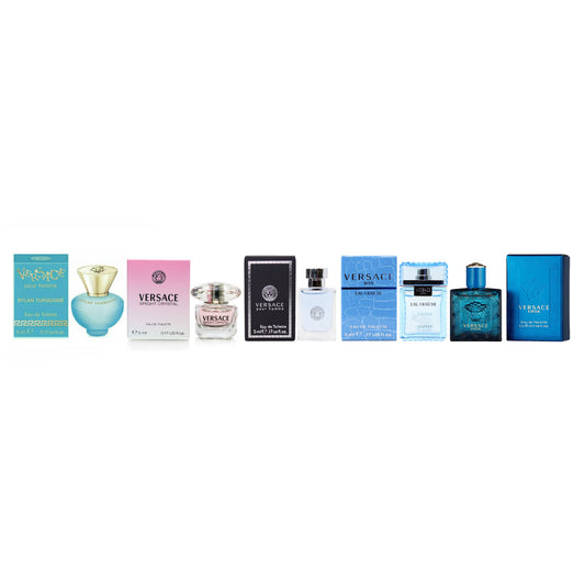 Versace 5 pcs mini set: eros 0.17 eau de toilette men + pour homme 0.17 eau de toilette + eau fraiche 0.17 eau de toilette + bright crystal 0.17 eau de toilette + dylan turquoise 0.17 eau de toilette